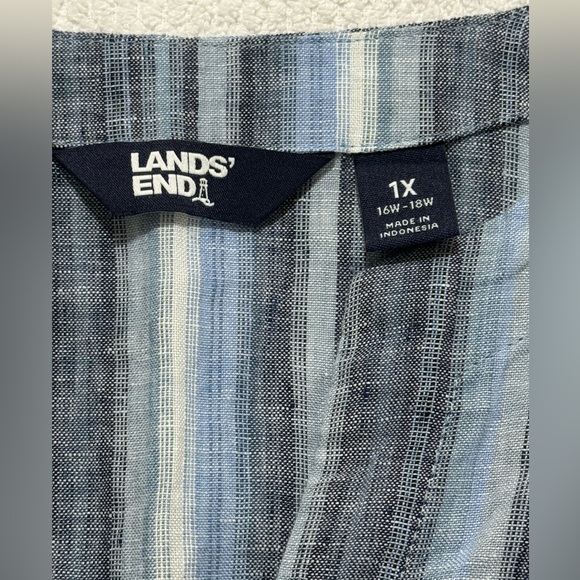 Lands End Women 1X(16W-18W) Blue Striped Linen 3/4 Sleeve Tunic Pockets Top - Picture 3 of 13